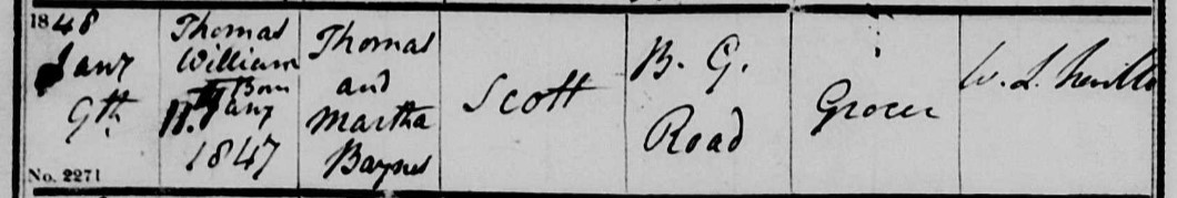 Baptised Thomas Williams Scott 9 Jan 1848