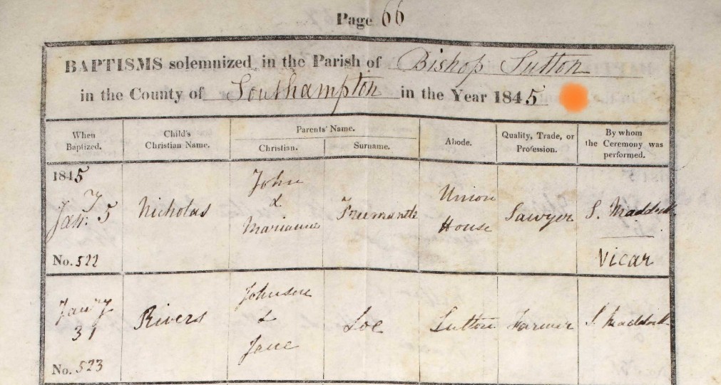 Baptised William Butcher Bishops Sutton 30 March 1845 B