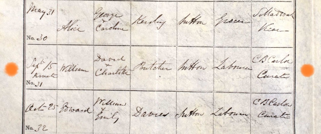 Baptised William Butcher Bishops Sutton pr 15 Sep 1857