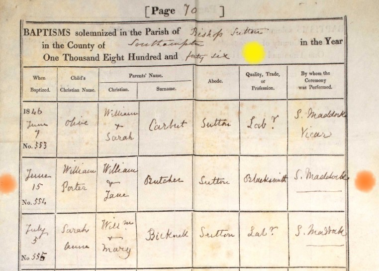 Baptised William Porter Butcher Bishops Sutton 15 June 1846