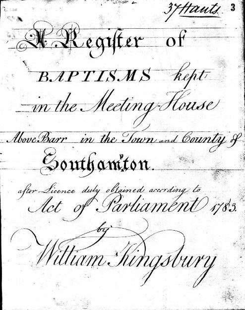 Baptisms Register Meeting House Above Bar Southampton