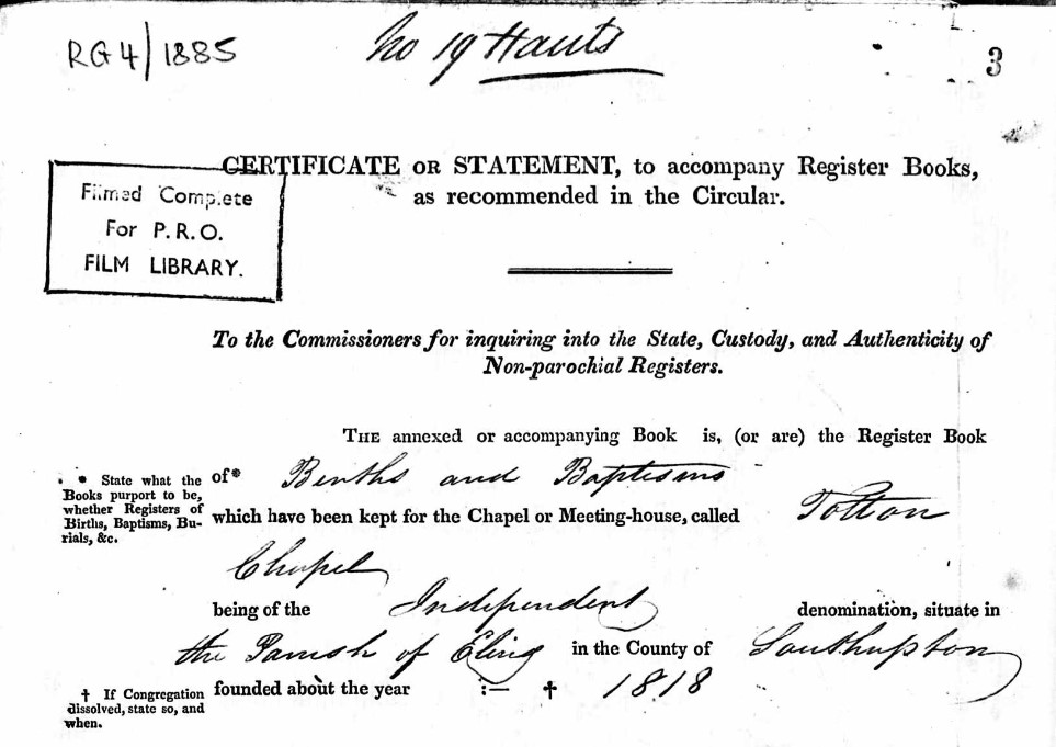 Baptisms Register Meeting House Totton Hampshire Cert A