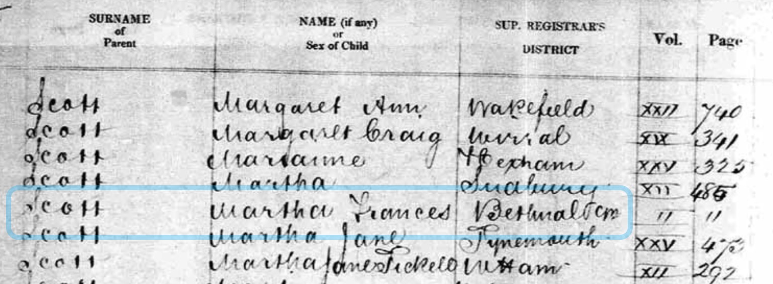 Birth Martha Frances Scott