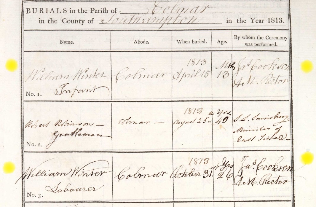 Burials Comar William Winter 1813