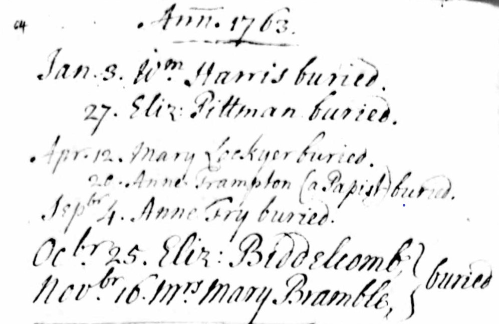 Burials Kinson Elizabeth Biddelcomb 25 Oct 1763