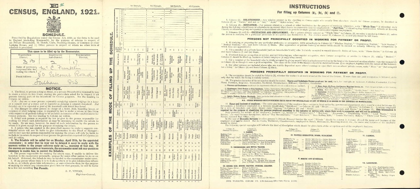 Census 1921 Franklin 50 Estcourt Road Address