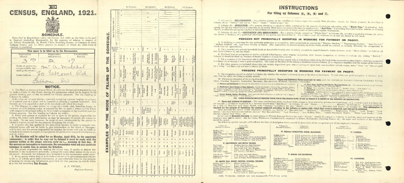 Census 1921 Malcher 50 Estcourt Road Address