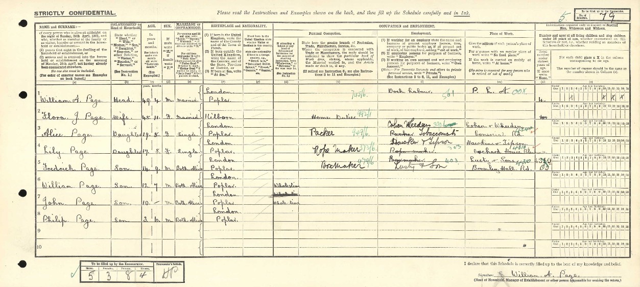 Census 1921 Page 73 Willis Street East India Docks A