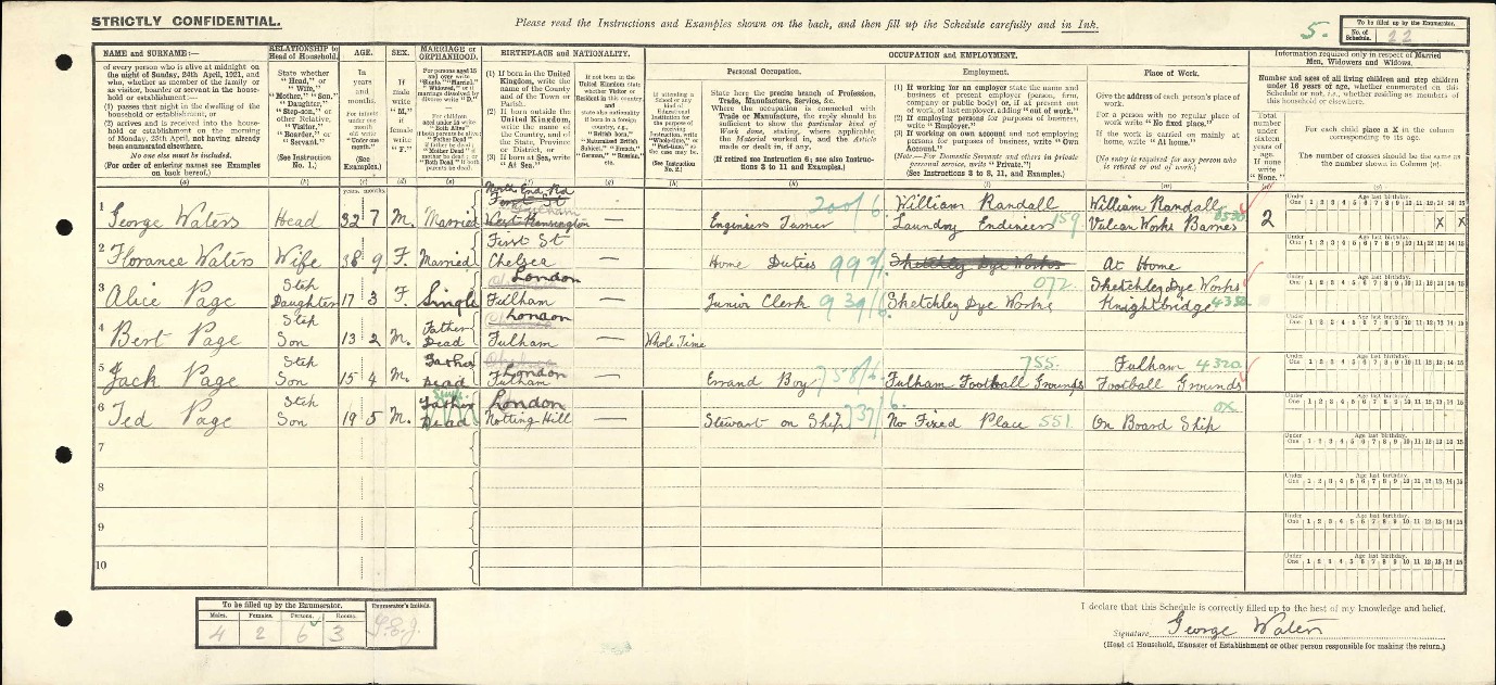Census 1921 Wallter and Page 13 Dartrey Road Chelsea A