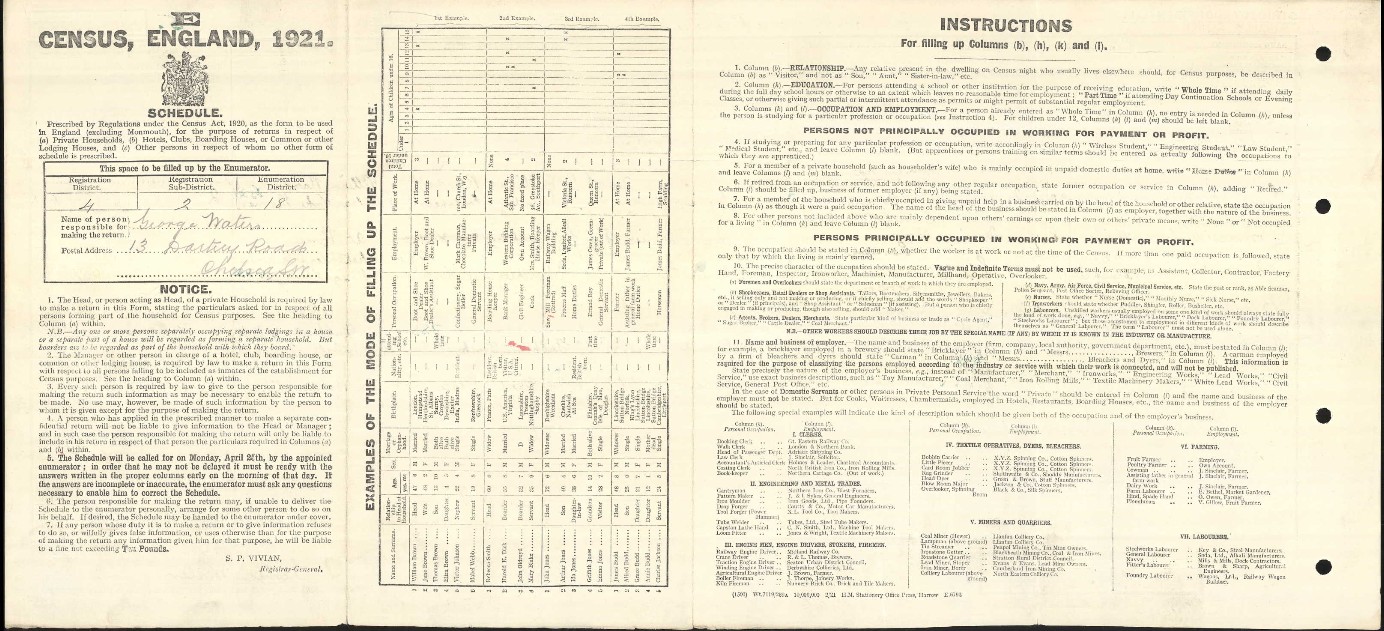 Census 1921 Wallter and Page 13 Dartrey Road Chelsea B