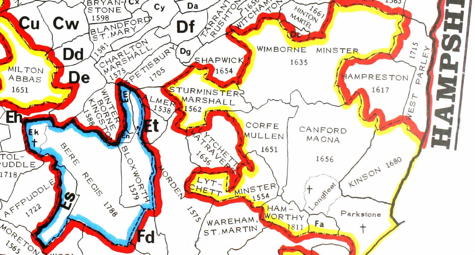 County Parish map Dorset South East Canford Magna