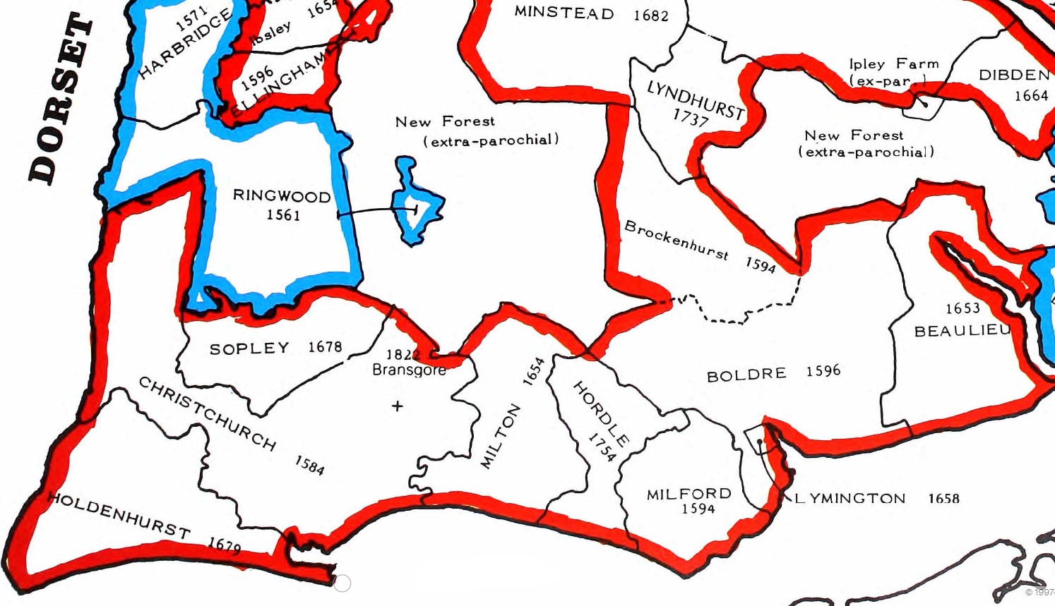 County Parish map Hampshire Christchurch to Ellingham
