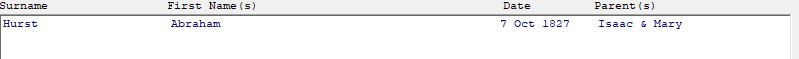HGS baptisms list 1813 1841 Abraham Hurst