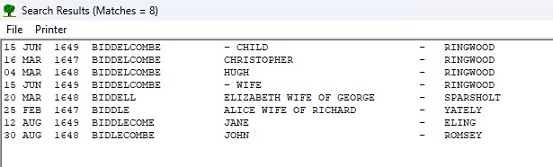 HGS burials list Hampshire Bid 1648 range 1