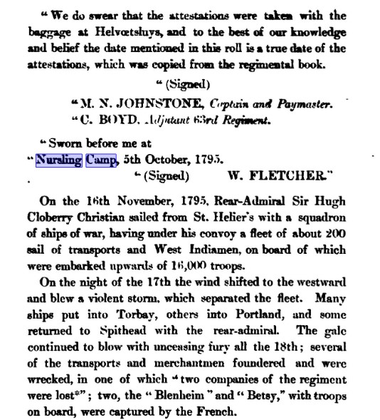 History of the 63 Reg Nursling Camp 1795