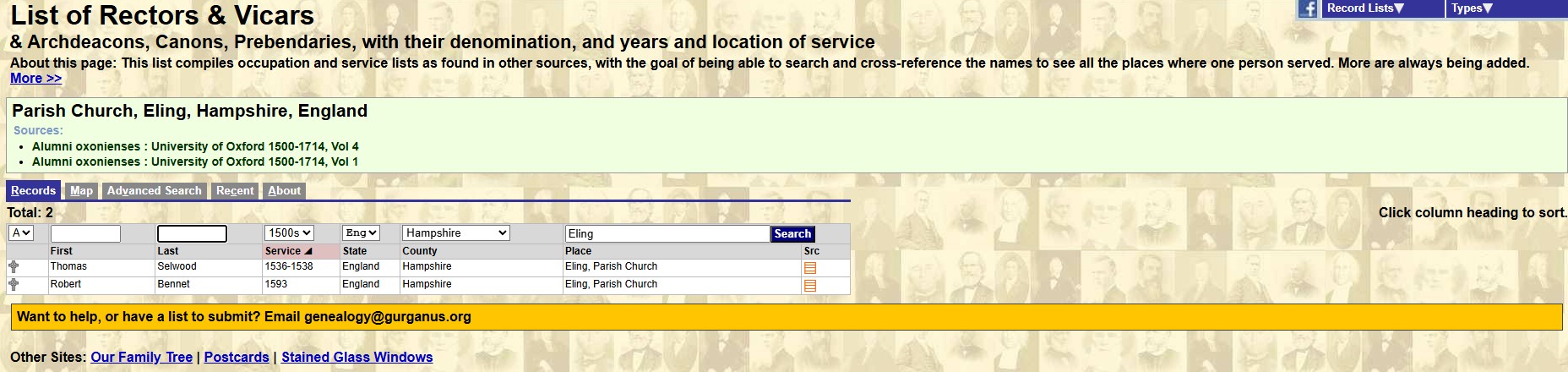 List of Vicars Eling 1500s