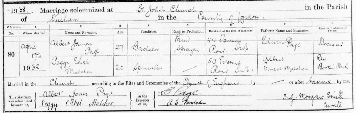 Marrage Albert James Page and Peggy Ethel Melcher 1938