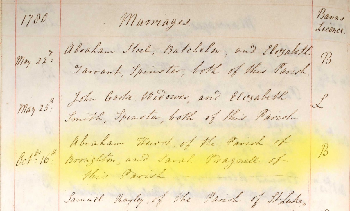 Marriage Abraham Hurst Sarah Pragnell Houghton