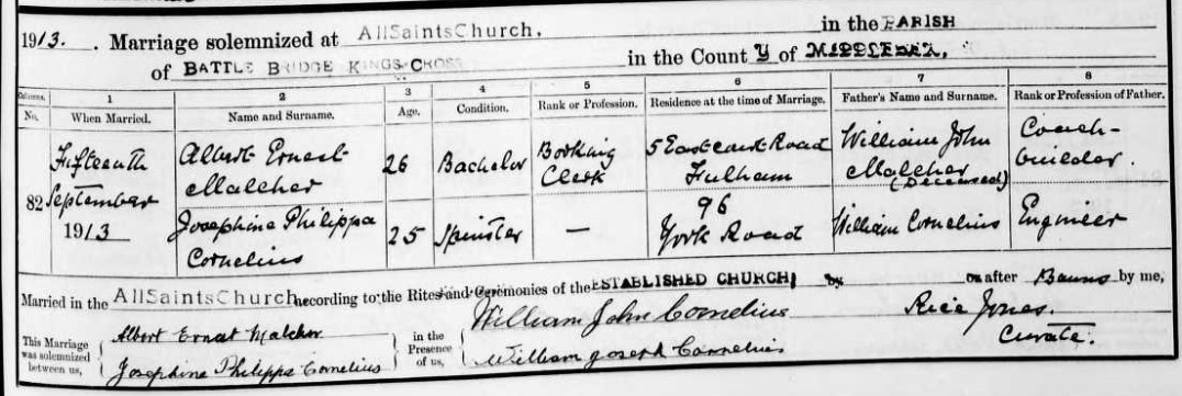 Marriage Albert Earnest Malcher Josephine Philippa Cornelius Kings Cross