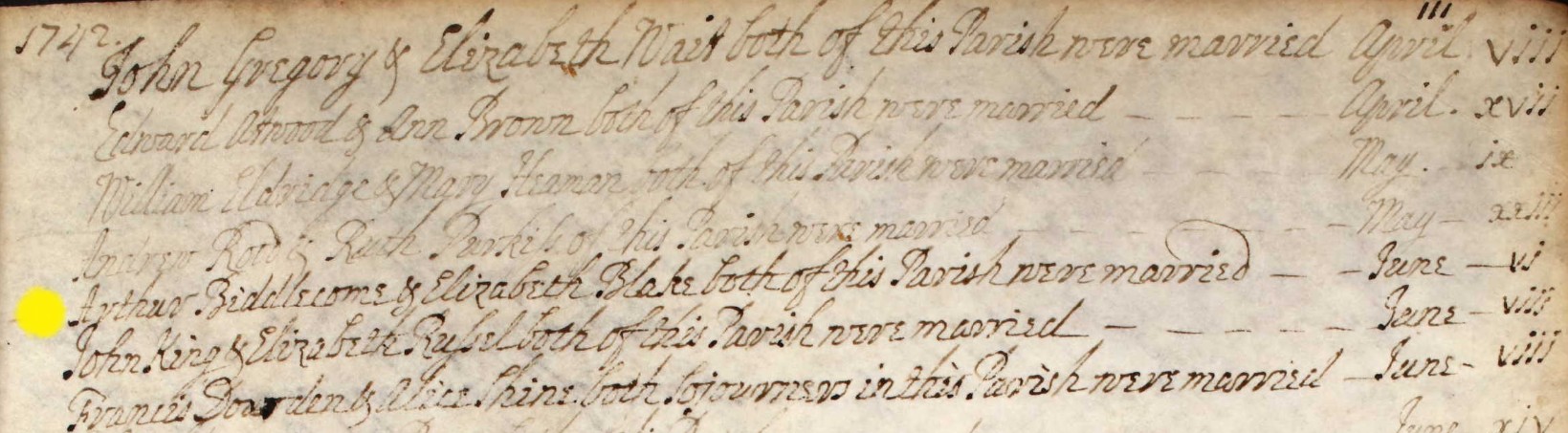 Marriage Arthur Biddlecomb and Elizabeth Blake Eling 1742