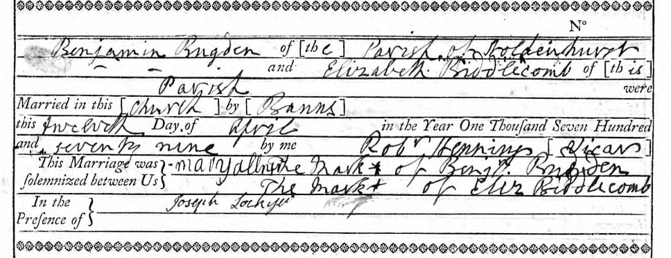 Marriage Benjamin Bugden Elizabeth Biddlecombe Kinson