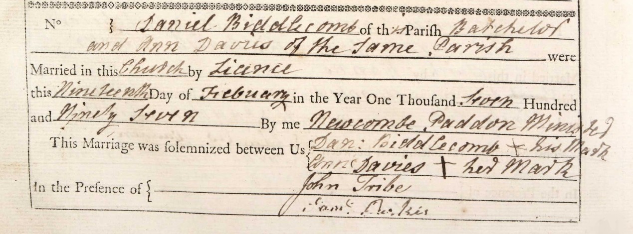 Marriage Daniel Biddlecomb Ann Davies Eling