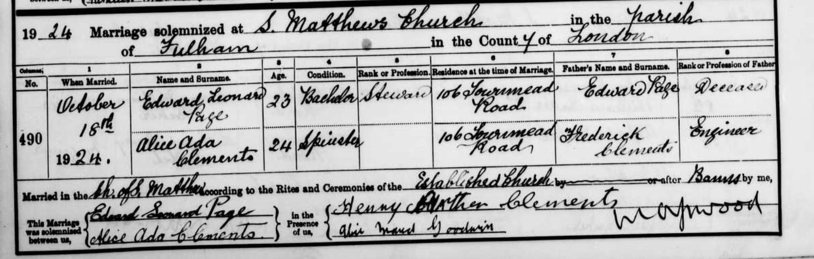 Marriage Edward Leonard Page Alice Ada Clements Fulham