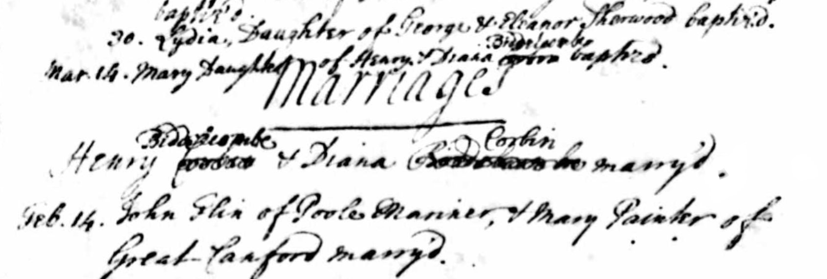 Marriage Henry Biddlecombe and Diana Corbin Kingston