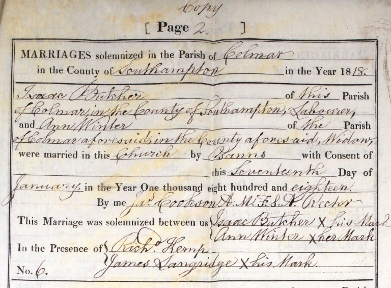 Marriage Isaac Butcher Anne Winter 1818