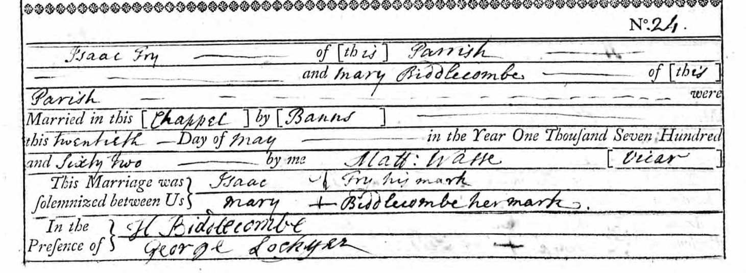 Marriage Isaac Fry Mary Biddlecombe Kinson
