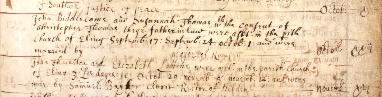 Marriage John Biddlecombe and Susannah Thomas Eling 1654