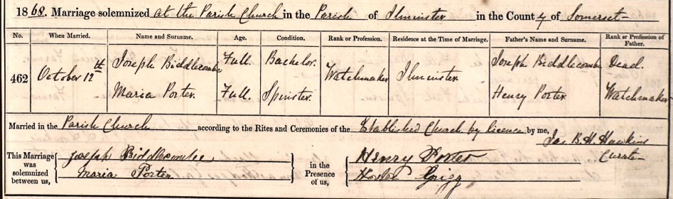 Marriage Joseph Biddlecombe Maria Porter
