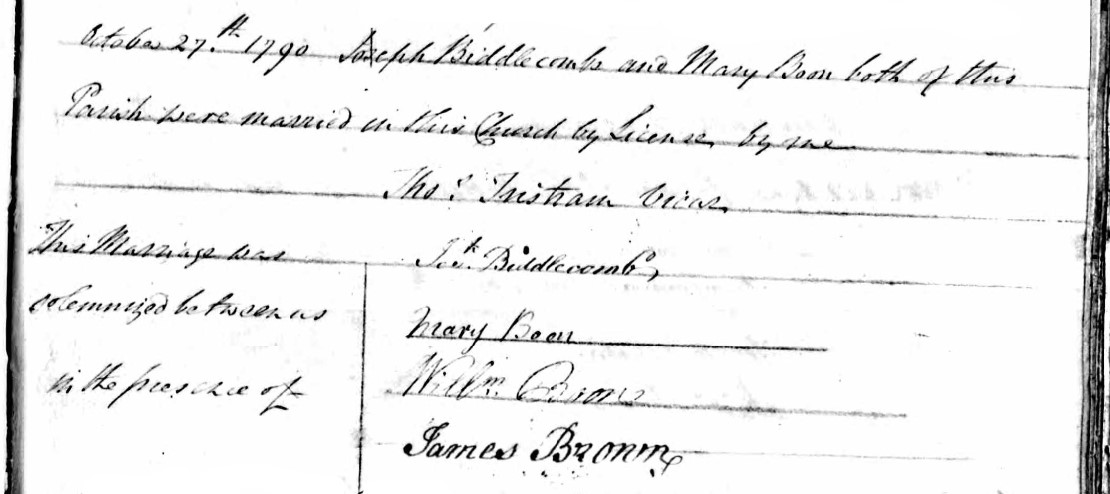 Marriage Joseph Biddlecombe Mary Boon