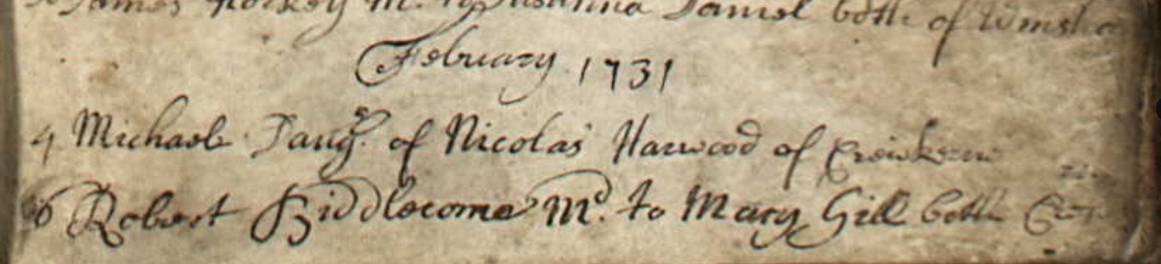 Marriage Robert Biddlecome and Mary Gill 6 Feb 1731