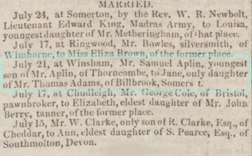 Marriage Samuel Aplin and Jane Adams Newspaper clip