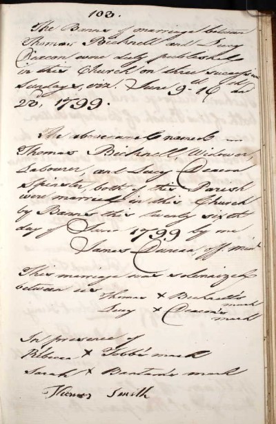 Marriage Thomas Bicknell and Lucy Decon 6 6 1799