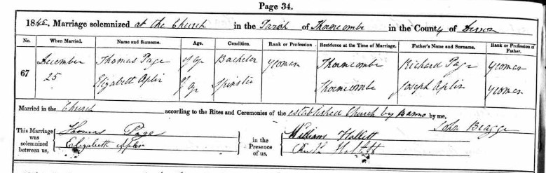 Marriage Thomas Page and Elizabeth Aplin