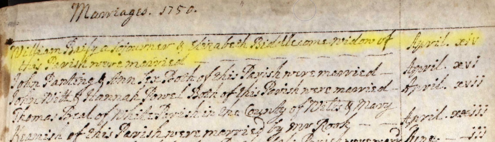 Marriage William Baily Elizabeth Biddlecome Eling