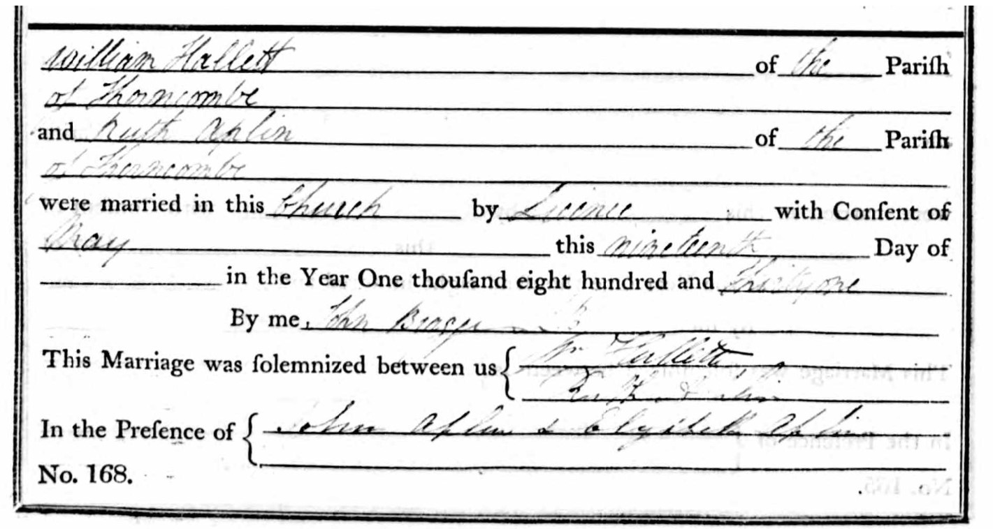 Marriage William Hallett and Ruth Aplin