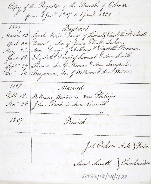 Marriage William Winter Ann Phillips Colmar 12 Oct 1807 BT