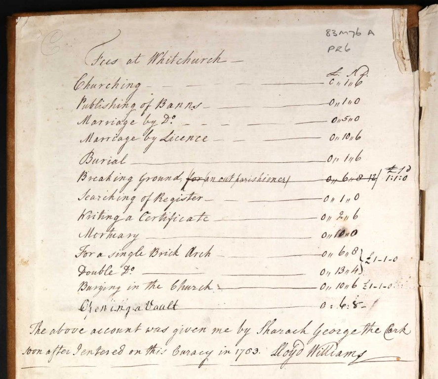 Marriage register Fees at Whitchurch