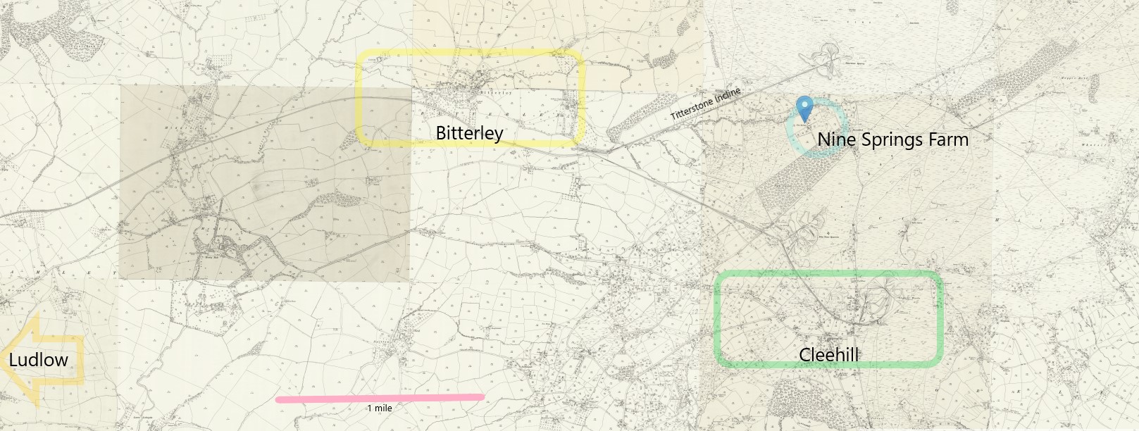 OS 25 Map Nine Springs Farm Cleehill Bitterley Ludlow