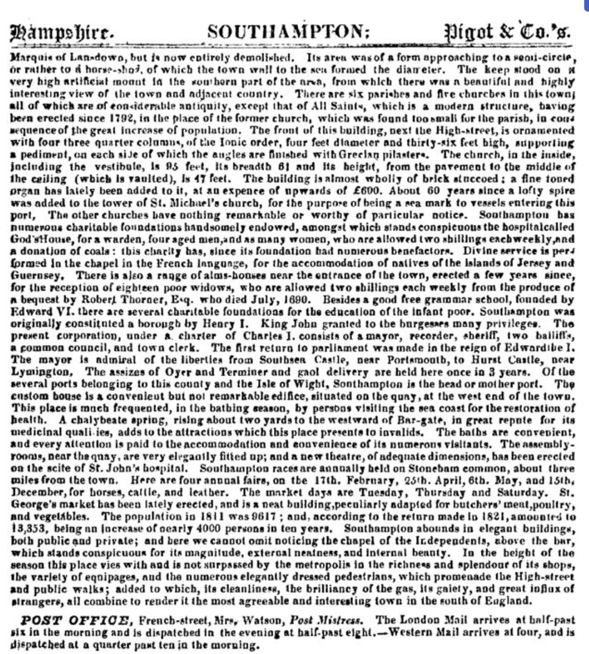 Pigots Directory of Hampshire 1828 Southampton 37