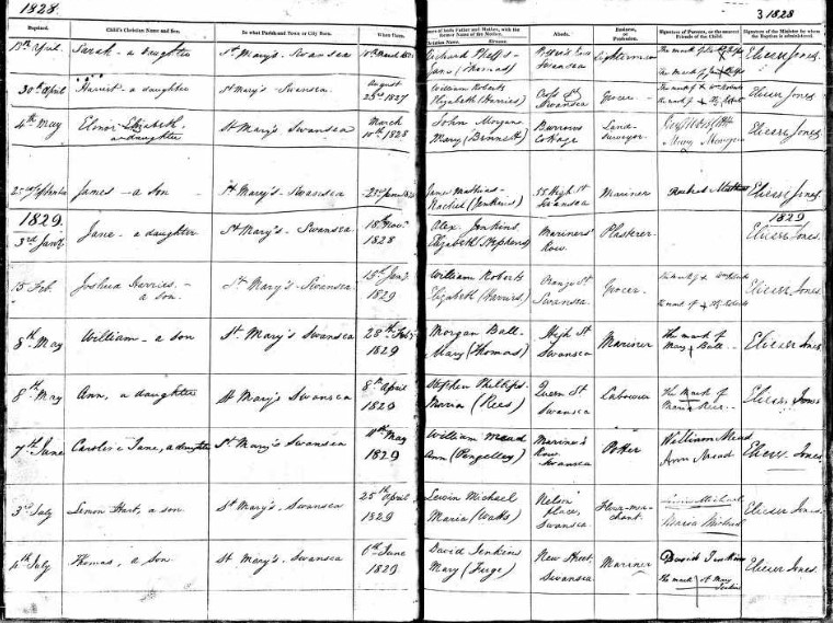 Register of Baptisms Independent Swansea 1828 page
