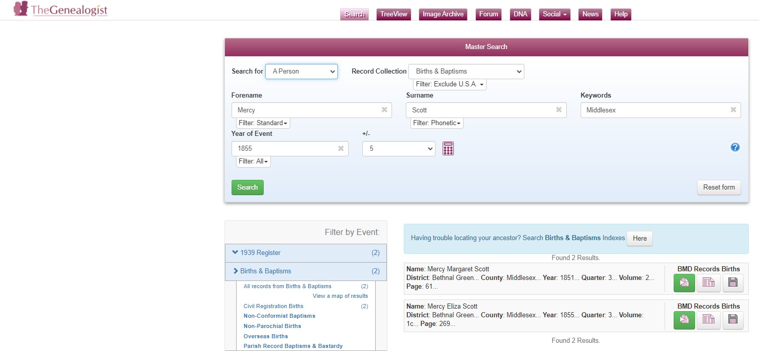 The Genealogist search Mercy Scott