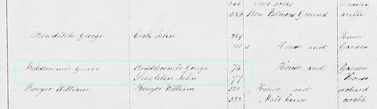 Tithe Apportionment Winsham LO George Biddlecombe plot 74 77