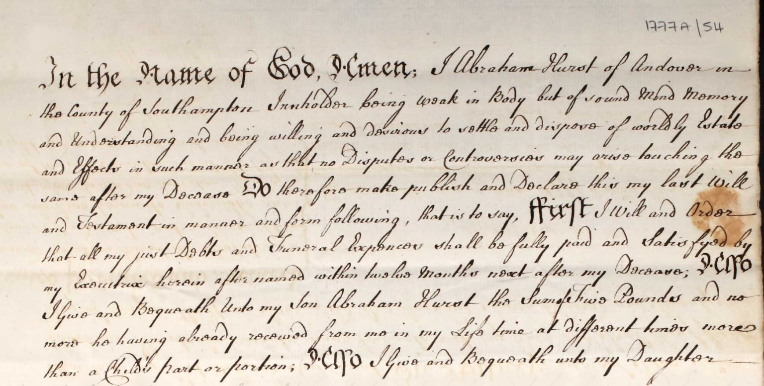 Will of Abraham Hurst of Andover detail 1