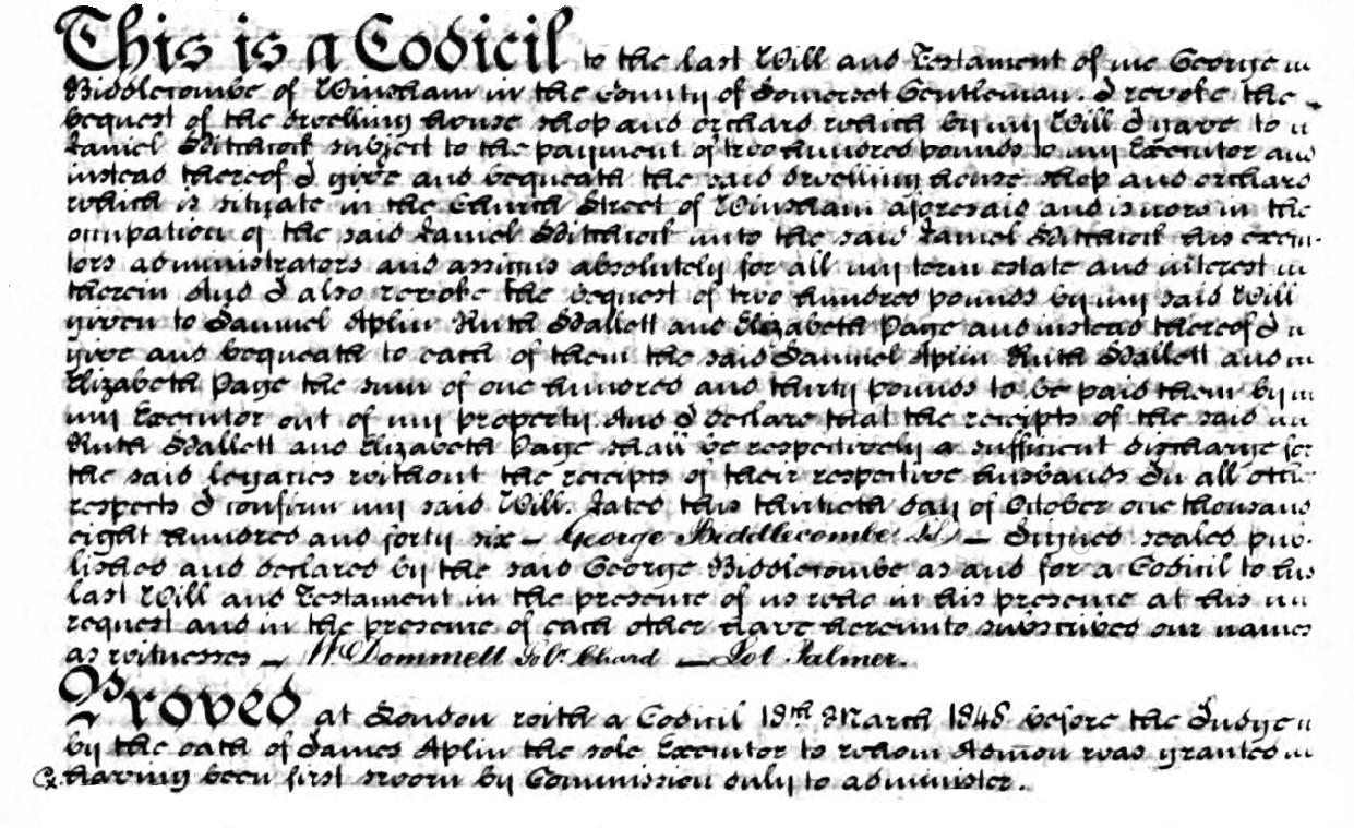 Will of George Biddlecomb of Winsham detail 6