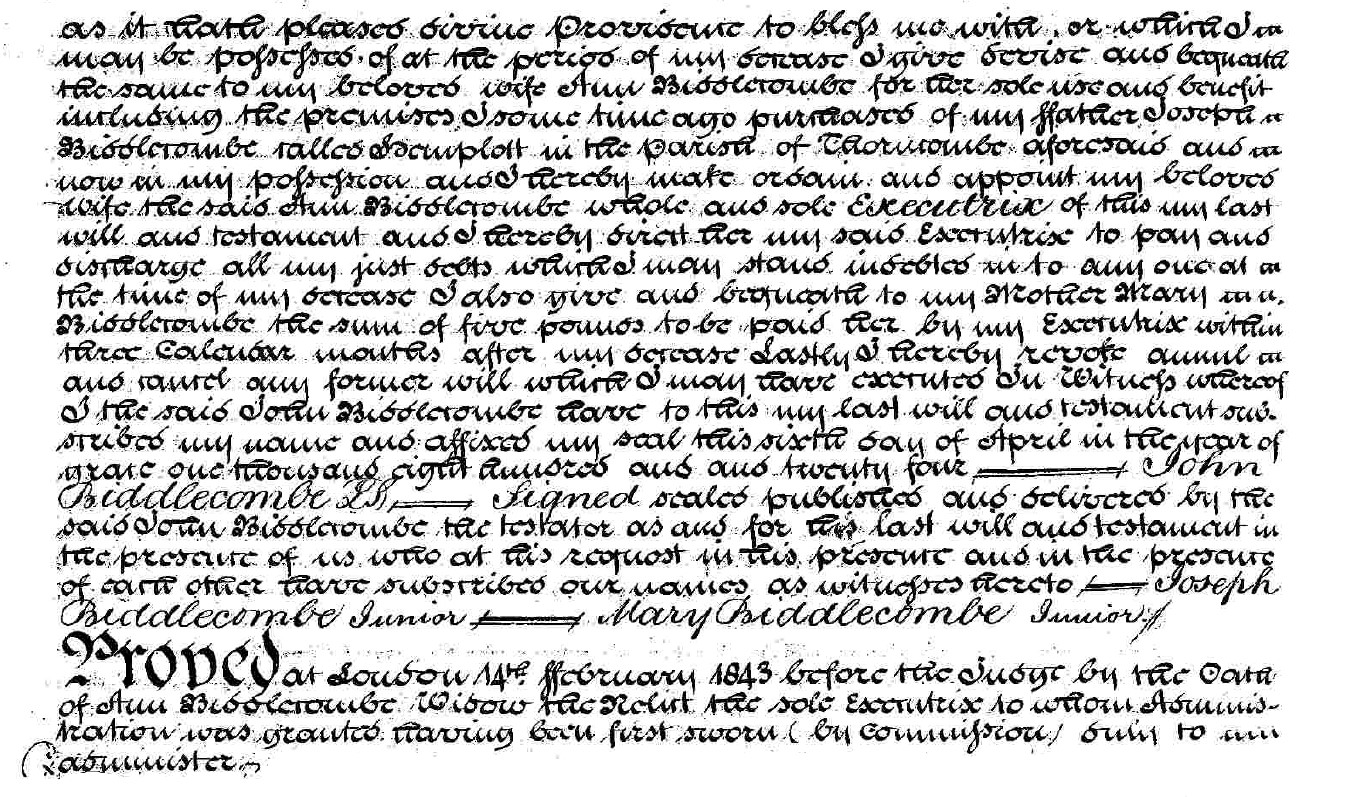 Will of John Biddlecombe of Thorncombe part 2