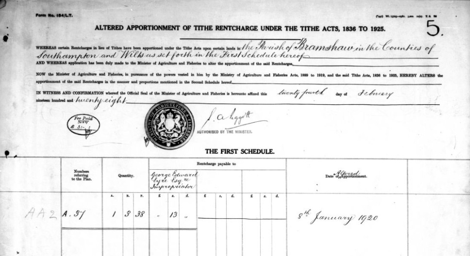 Tithe Apportionment Bramshaw Plot A37